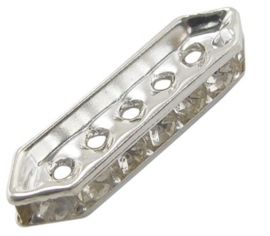 10 x Verzilverde kristal spacers afm. 8 x 27 x 4mm, 5 gaten