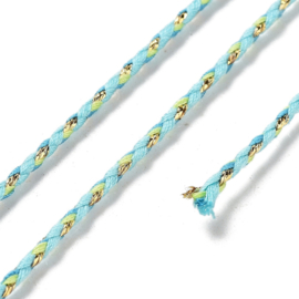 1 rol Metallic gevlochten koord – katoen/polyester mix – 1,5 mm – Pale Turquoise met goudkleurige draad – 4 meter