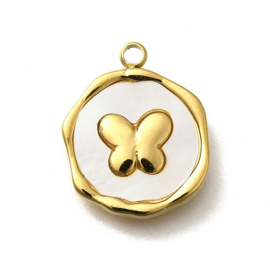 RVS 304 Ion Plating (ip) Bedel met schelp rond vlinder wit, 18K goldplated 15,5 x 12,5 x 2,5mm oogje 1,5mm