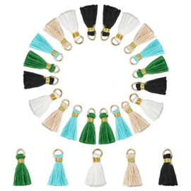 20 x Kwastjes 10~15 mm – gat 1,5 mm – blauw/groen/turquoise/wit/crème met goud draad