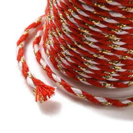 1 rol Metallic gevlochten koord – katoen/polyester mix – 1,5 mm – Red met goudkleurige draad – 4 meter