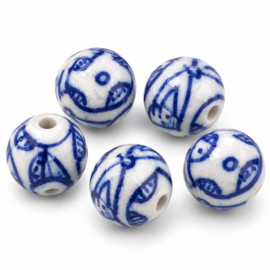 5 x Keramiek kralen Delftsblauw – rond 13 x 12 mm – gat 1,6 mm