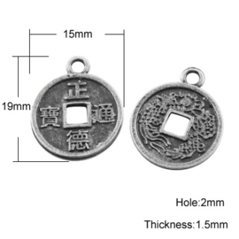 4 x Tibetaans zilveren Chinese geluksmunt 19 x 15 x 1,5 gat: 2mm