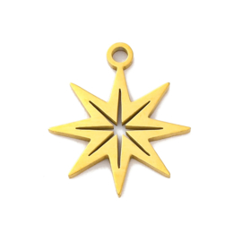 1 x RVS 201 Ster bedel Laser Cut Goud kleur, 16 x 13,5 x 1mm oogje:  1,5mm