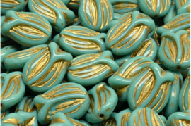2 x Tsjechische Glaskralen Tulip Pressed Beads  16x11mm turquoise goud