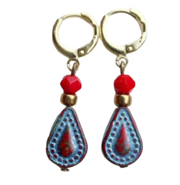 4 x Tsjechische Glaskralen Tear Drop Beads 14x10mm rood blauw
