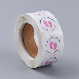 1 rol 500 stickers Wensetiket zegel rond 25mm Baby Shower Stickers, Thank You for Showering Us with So Much Love Roze