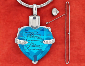 Gedenk hanger mini urn Always On My Mind, Forever In My Heart met RVS kettng incl. vulsetje Blauw