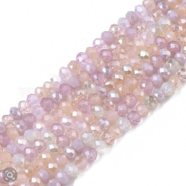 1 x Streng met ca. 188–190 glaskralen facet rondelle briolette kristal – 3 x 2,5mm, gat 0,7mm – Pink Plated Color AB