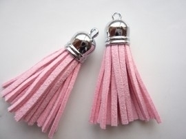 2 x Prachtig kwastje van suede  en messing  12 x 56mm licht roze