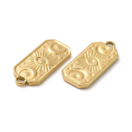 1 x Chirurgisch staal RVS 316L bedeltje met zon maan sterren real 18K gold plated 22,5 x 10 x 2mm oogje: 2,5mm (Nikkelvrij)