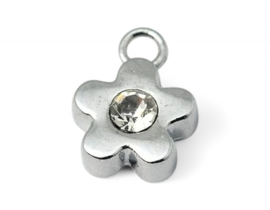 2 x  Metalen strass bedel bloem platinumkleur afm. 14 x 10 x 4mm oogje 2mm