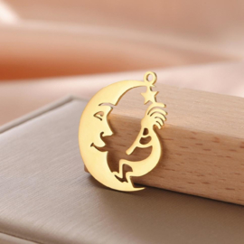 1 x RVS  bedel Maan en Mannetje met fluit Laser Cut Goud kleur, 27 x 21mm oogje: 1,2mm