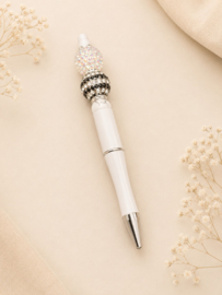 1 x Handgemaakte kralenpen met strass ca. 14 cm – wit/zilverkleur/zwart