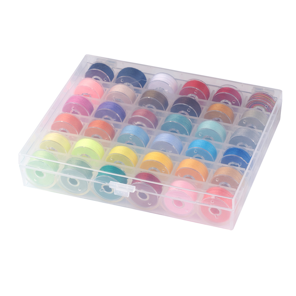 Set van 36 x Polyester naaigaren op kunststof spoeltjes met transparant opbergdoosje – gemixte kleuren – 0,1 mm – 50 meter per rol