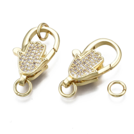 DQ Lobster sluiting  Real 16K gold plated zirconia Hamsa hand van Fatima Nikkelvrij