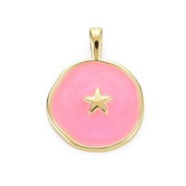 Bedel rond ster roze, 16K goldplated 20,5 x 15,5 x 4,5 mm oogje 2.5 x 3mm (Nikkelvrij)
