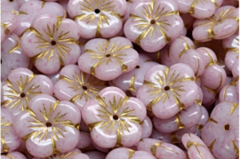 2 x Tsjechische Glaskralen Apple Flower Pressed Beads 14x14mm roze