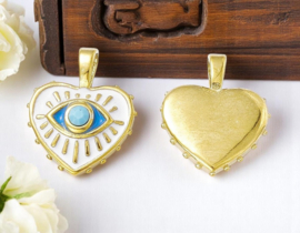 1 x RVS 201 PVD vacuum plating hart bedel met evil eye, blauwe edelsteen18K Gold plated 21,5 x 17,5 x 5,5mm oogje 5 x 3mm