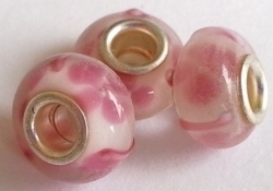 Per stuk Glaskraal met metaal European-style wit met roze bloem 14 mm