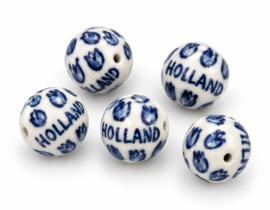 5 x Ronde keramiek kralen Delfts blauw 17,5 mm – gat 2 mm – tulpen en Holland