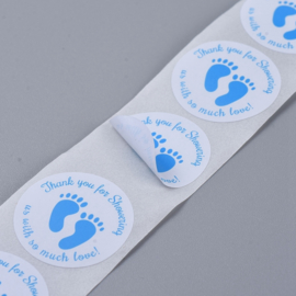 1 rol 500 stickers Wensetiket zegel rond 25mm Baby Shower Stickers, Thank You for Showering Us with So Much Love blauw
