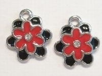 5 x Per stuk Metalen bedel bloem met rood/zwarte epoxy en strass  18 mm