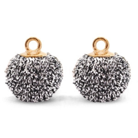 2 x  Pompom bedels met oog glitter 12mm Anthracite-gold (op is op!)