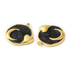 1 x RVS 304  Bedel rond maan en hartje Black, 18K goldplated 17,5 x 17 x 2mm oogje: 1,4mm