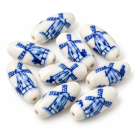 5 x Langwerpige keramiek kralen met molen 30 x 12 mm – gat 2 mm – Delfts blauw