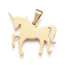 1 x RVS 304 Paard Eenhoorn bedel laser cut  20 x 21 x 1,5mm, Goud kleur, met bails hanger:  3 x 5mm