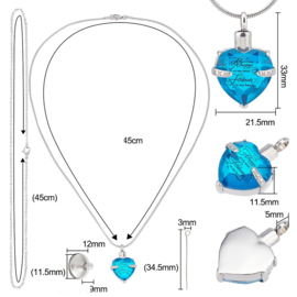 Gedenk hanger mini urn Always On My Mind, Forever In My Heart met RVS kettng incl. vulsetje Blauw