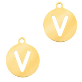 Roestvrij stalen (RVS) Stainless steel bedel rond 10mm initial coin V Goudkleur