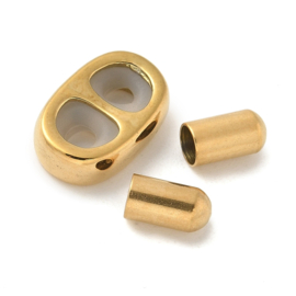 1 x RVS 304 stopperkraal schuifkraal met 2 eindkapjes 12 x 8 x 3 mm – gat 3 mm – goudkleur