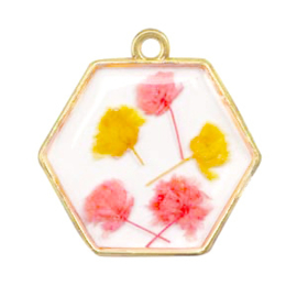 1 x  Bedels met gedroogde bloemetjes hexagon Gold-pink yellow