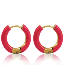 2 x  Roestvrij stalen (RVS) Stainless steel oorbellen creolen enamel 16mm Coral red-gold