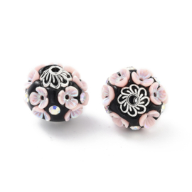 1 x Bohemian / Kashmiri kraal bloem 18 x 19 mm – gat 2 mm – zwart/roze – zilverkleurig metaal