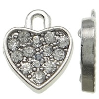 5x Prachtige verzilverde bedel met kristal strass hart 11,5 x 14 x 2,5 mm oogje c.a. 1,5 x 2mm