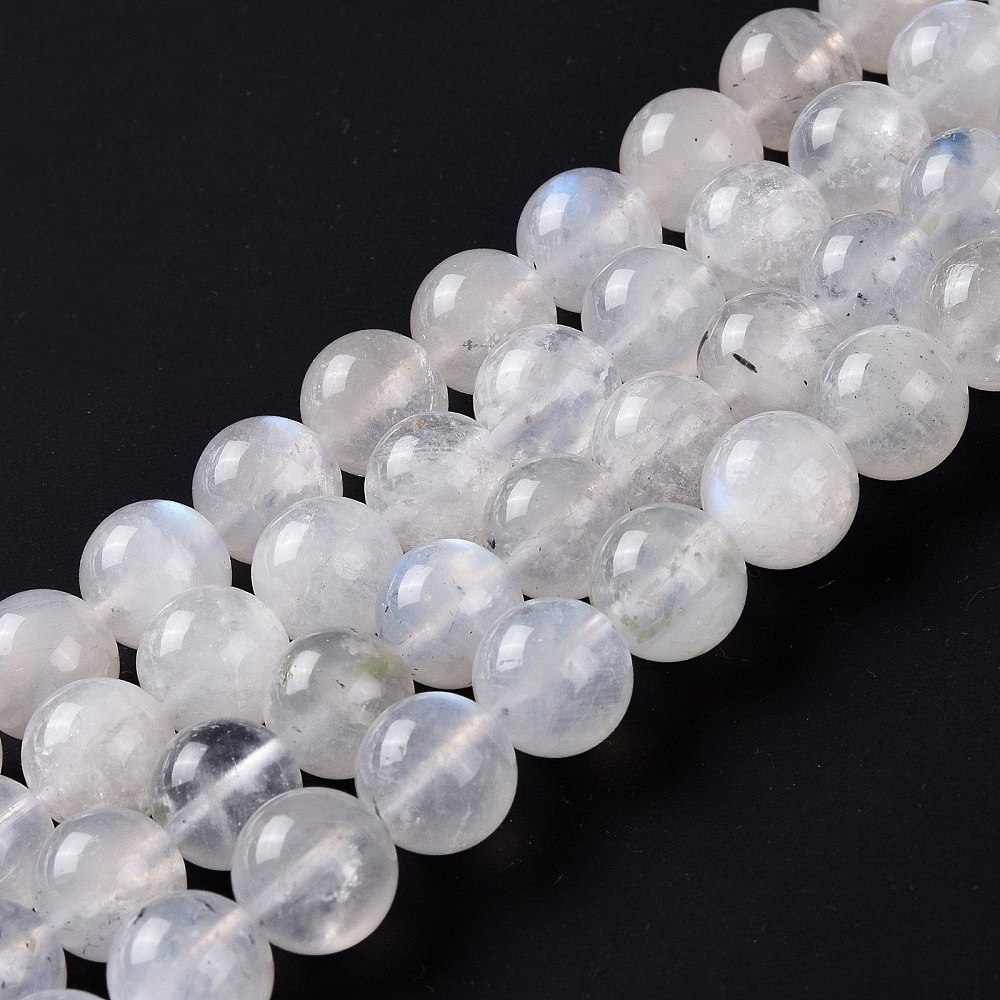 10 x  Edelsteen kralen van rainbow moonstone maansteen – 10 mm – kleur wit met blauw schijnsel – gat ca. 1 mm