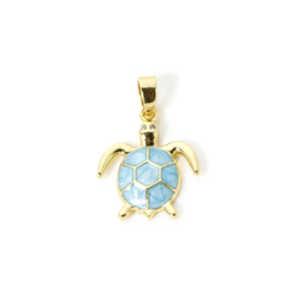 Metalen schildpad bedeltje met blauwe emaille 18k gold plated 22 x 15mm bails: 4 x 2,5mm