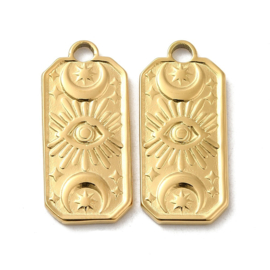 1 x Chirurgisch staal RVS 316L bedeltje met zon maan sterren real 18K gold plated 22,5 x 10 x 2mm oogje: 2,5mm (Nikkelvrij)