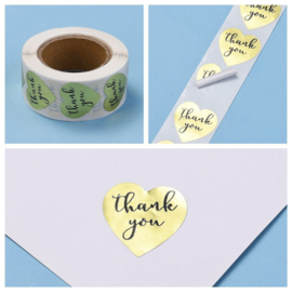 1 rol 500 stickers Wensetiket zegel hart 25mm Thank you Goud kleur