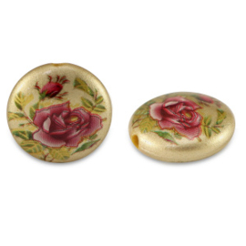 2 x Glaskralen 14mm bloem Gold-rose red (Ø1.8mm)