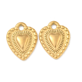 1 x Ion Plating (IP) RVS 304  Hart Bedeltje Real 18K Gold Plated, 19,5 x 15 x 2,5mm, Oogje: 2.1mm