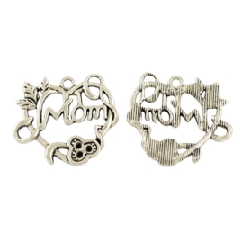 3x Tibetaans zilveren bedel hanger met "Mom" 24 x 26 x 3mm, oogje:  2mm