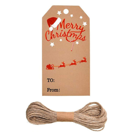 100 x Stevige bruine kartonnen labels kerst - Afm.  5x3cm - Rendieren "Merrie Christmas"