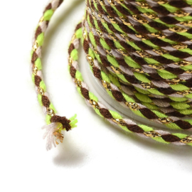 1 rol Metallic gevlochten koord – katoen/polyester mix – 1,5 mm – Lawn Green met goudkleurige draad – 4 meter