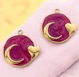 1 x RVS 304  Bedel rond maan en hartje Dark Red, 18K goldplated 17,5 x 17 x 2mm oogje: 1,4mm