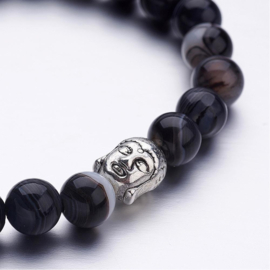 Armband met elastiek met agaat edelsteen kralen 8mm en een antiek zilveren buddha kraal