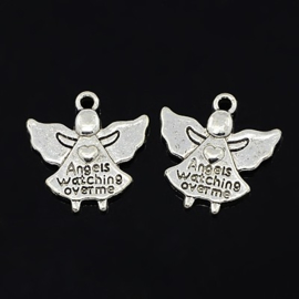 4 x Tibetaans zilveren bedel: Angels watching over me 19 x 19 x 3mm Gat: 2mm